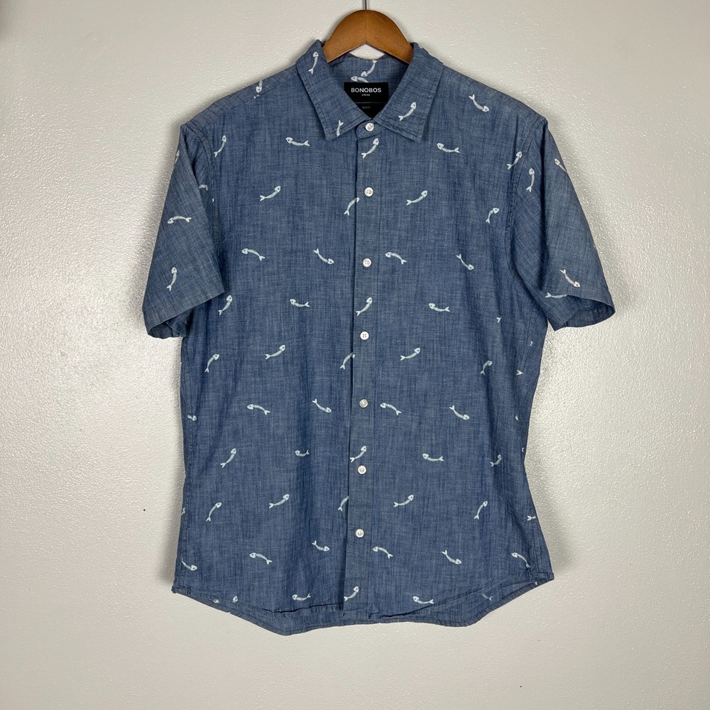 Bonobos Slim Fit Shirt Mens Large Blue Chambray Button Up Fish Skeleton Preppy L